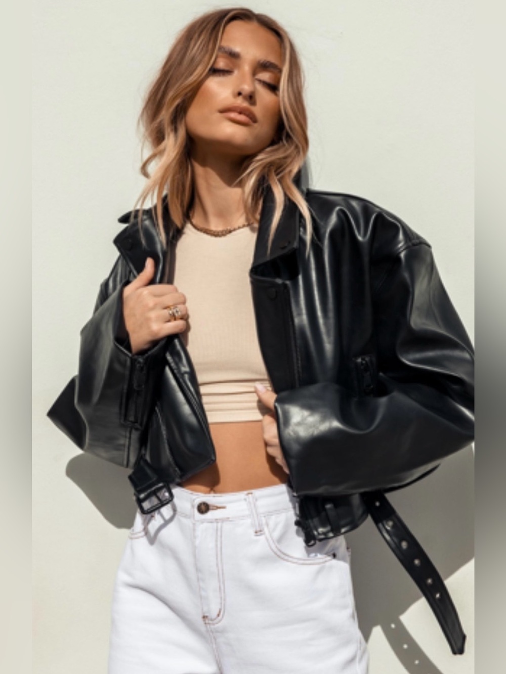Princess Polly Black Cropped Faux Leather Biker Jacket with Belt